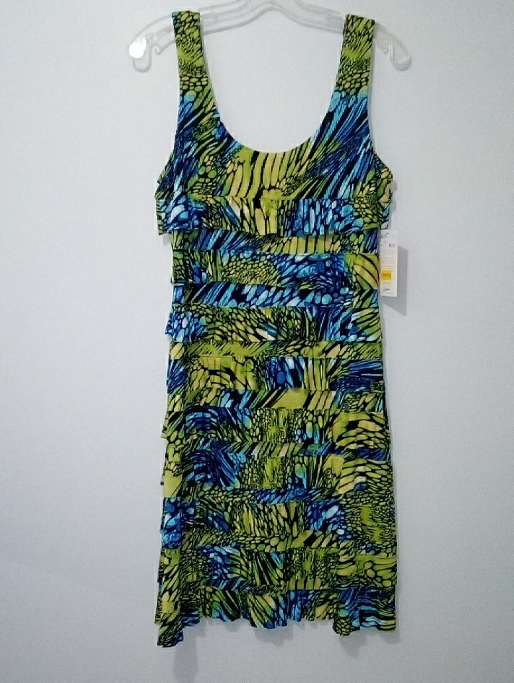 Tango Mango Green and Blue Patterned Sleeveless Ruffle Dress